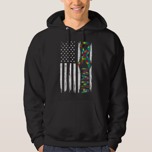 Veste À Capuche Déchiré américain Drapeau Autisme Famille Mama Mat (Devant)