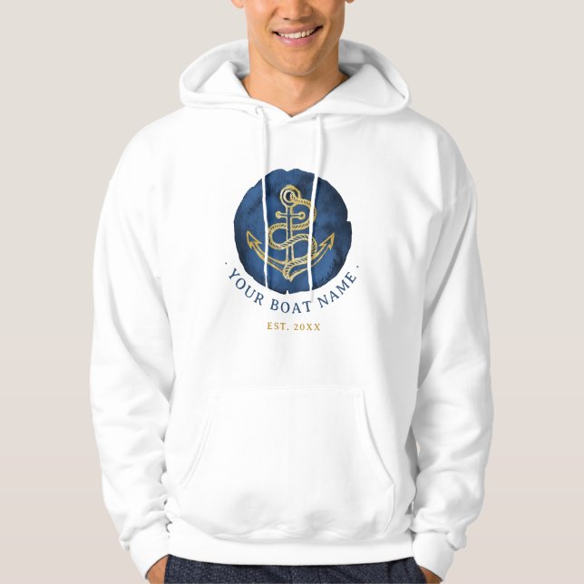 Veste À Capuche Elégante Ancre aquarelle Nom nautique Marine Bleu (Devant)
