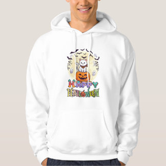 Veste À Capuche Happy Halloween White Cat Pumpkin Moon Bats Ghosts