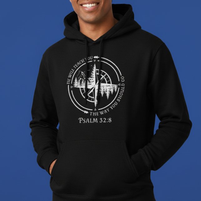 Veste À Capuche He Will Teach You Psalm 32:8 Compass Mountain (Psalm 32:8 Hoodie - He Will Teach You. Cozy compass mountain Christian faith wear for believers! )