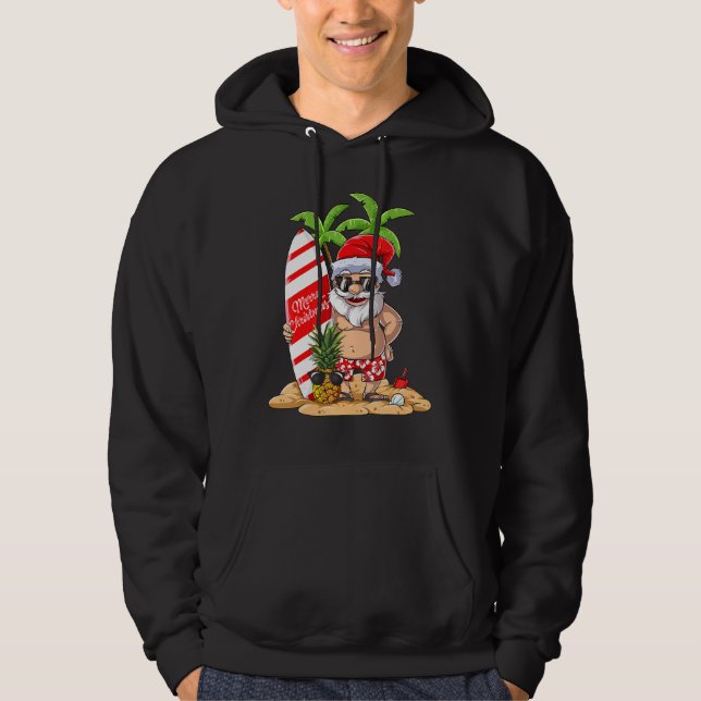 Veste À Capuche Noël En Juillet Père Noël Hawaiian Surfing Summer  (Devant)