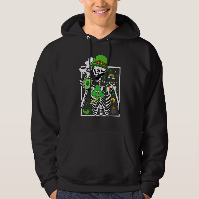 Veste À Capuche Patrick's Day Skeleton Shamrock Skull Drinking Cof (Devant)