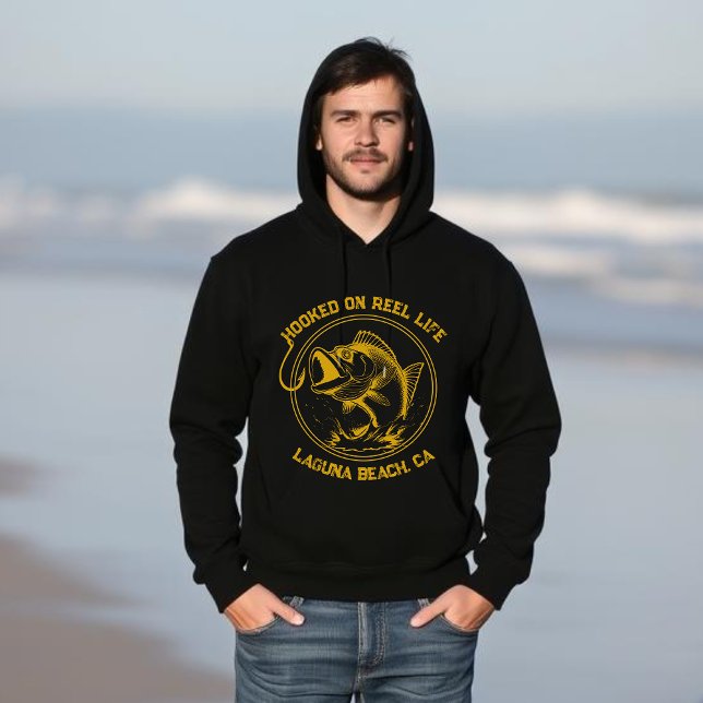 Veste À Capuche Poisson sur la vie de bobine (Fish Hooked on Reel Life Black and Gold Hoodie)