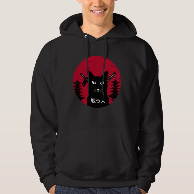 Veste À Capuche Vintage japonais Samurai noir Chat Ninja Art (Devant)