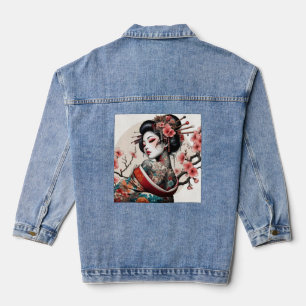 Veste en denim Portrait de Geisha   Art floral au 