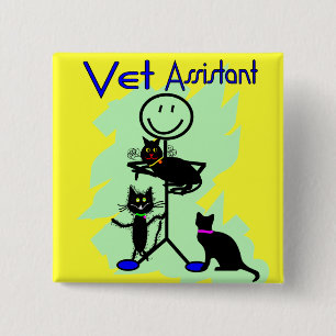 Vet Assistant Stick Person With Black Cats 2 Inch Square Button