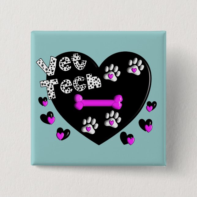 Vet Tech BLACK AND WHITE HEARTS 2 Inch Square Button (Front)