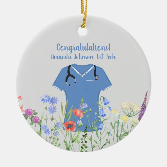 Vet Tech Blue Scrubs Ceramic Ornament (Front)