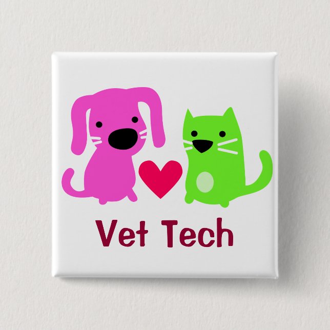 Vet Tech Dog & Cat with Heart 2 Inch Square Button (Front)