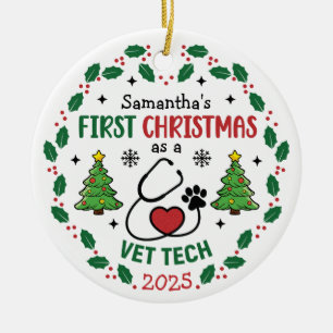Vet Tech First Christmas Personalized Round Ceramic Ornament