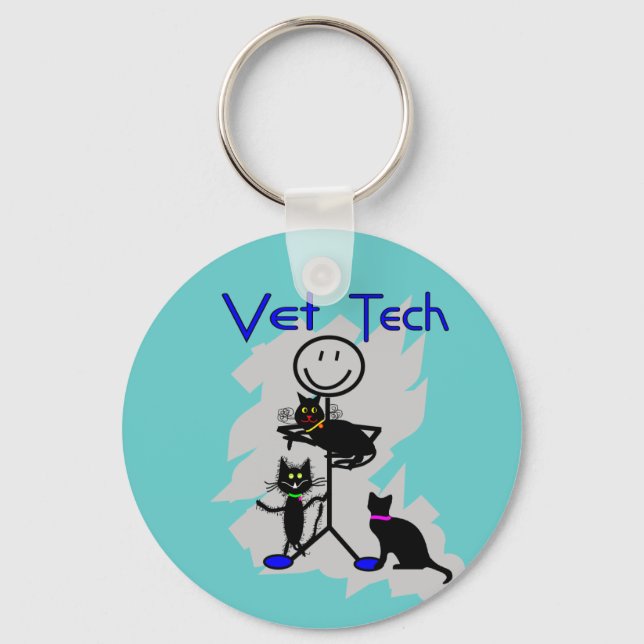 Vet Tech Stick Person With Black Cats Keychain (Front)