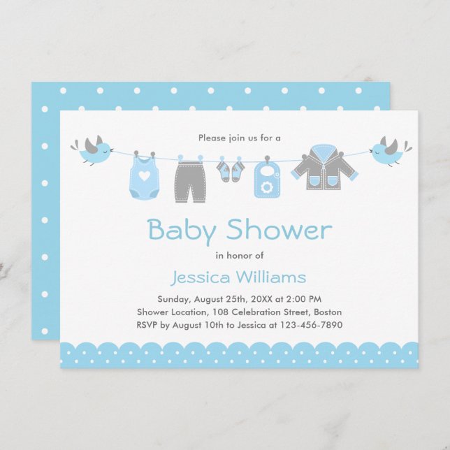 Vêtements Bleus mignons | Invitation Baby shower g (Devant / Derrière)