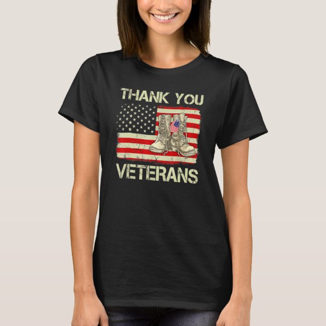 Veteran Day American Flag Thank You Veterans Comba T-Shirt (Front)