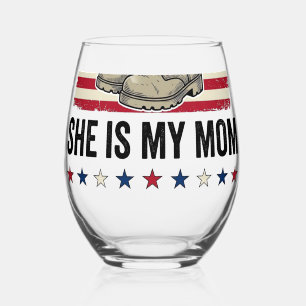 Veteran Mom Patriotic Military Boots Shirt Design_ Stemless Wine Glass