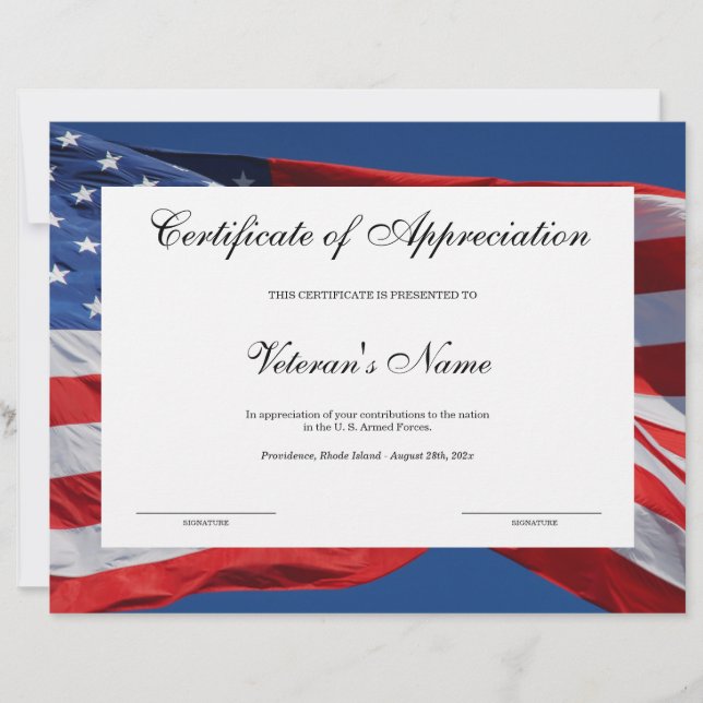 Veteran's Certificate of Appreciation  (Front)