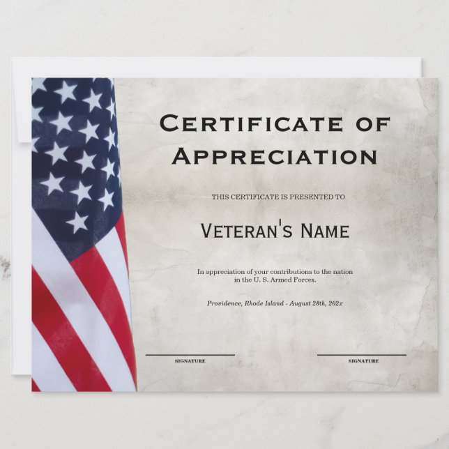 Veteran's Certificate of Appreciation  (Front)