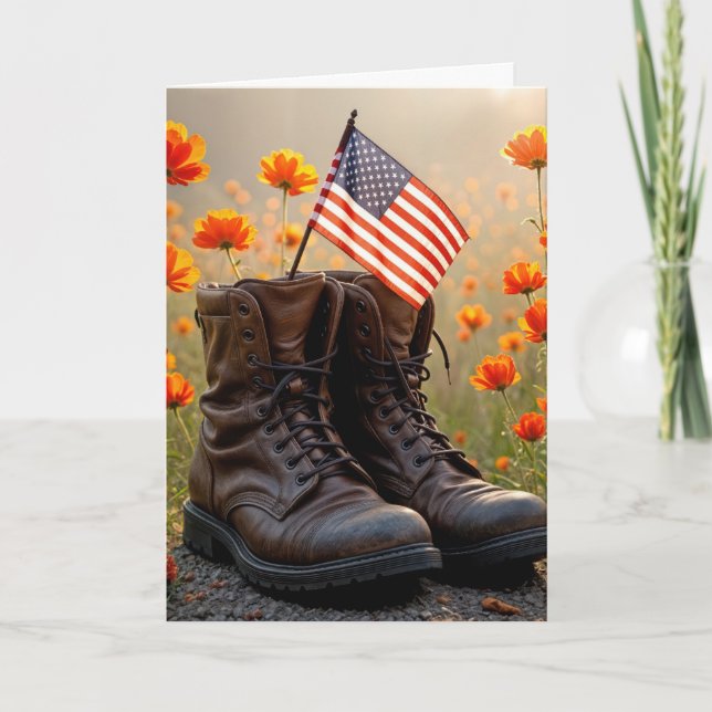 Veterans Day Military Combat Boots and Flag Card (Front)