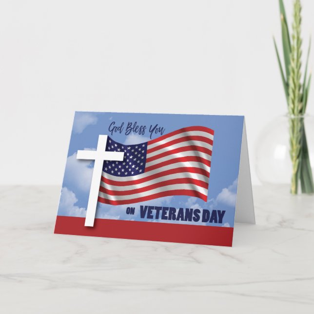 Veterans Day Religious White Cross American Flag Card (Front)