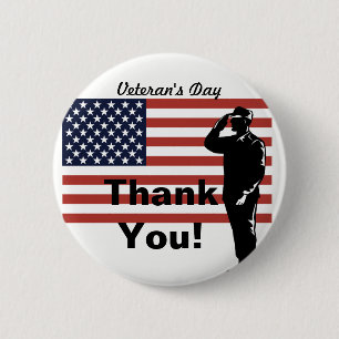 Veteran's Day Thank You! Soldier Saluting Flag 2 Inch Round Button