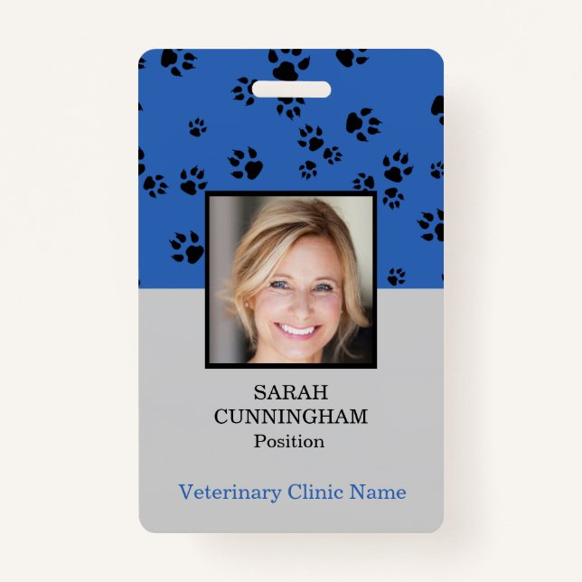 Veterinarian Clinic Paw Print Blue Photo ID Badge (Front)