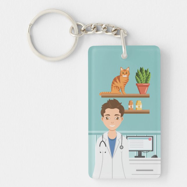 Veterinarian Doctor Vet Clinic Man With Cute Cat Keychain (Front)