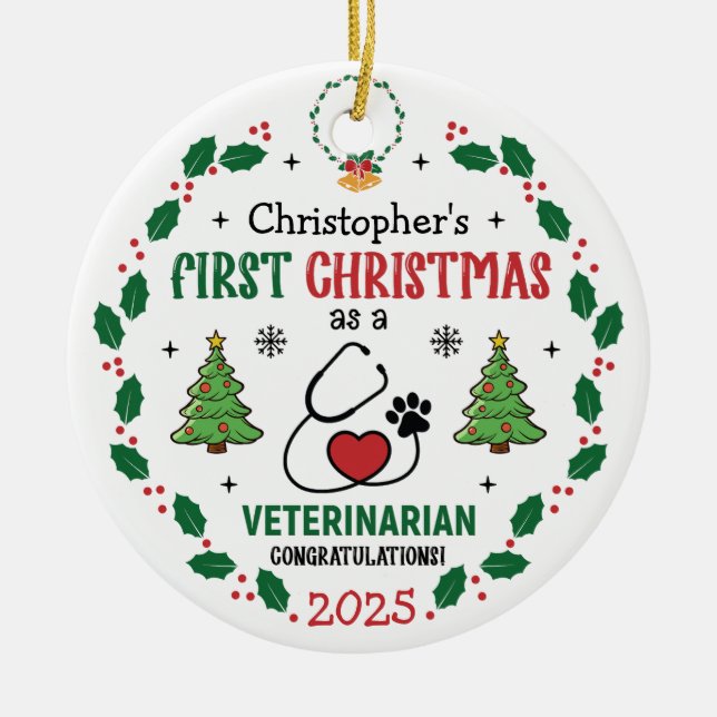 Veterinarian First Christmas Personalized Ornament (Front)