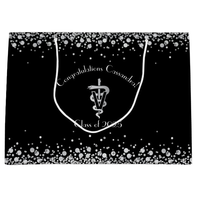 Veterinarian Graduation Black Silver Large Gift Bag (Front)