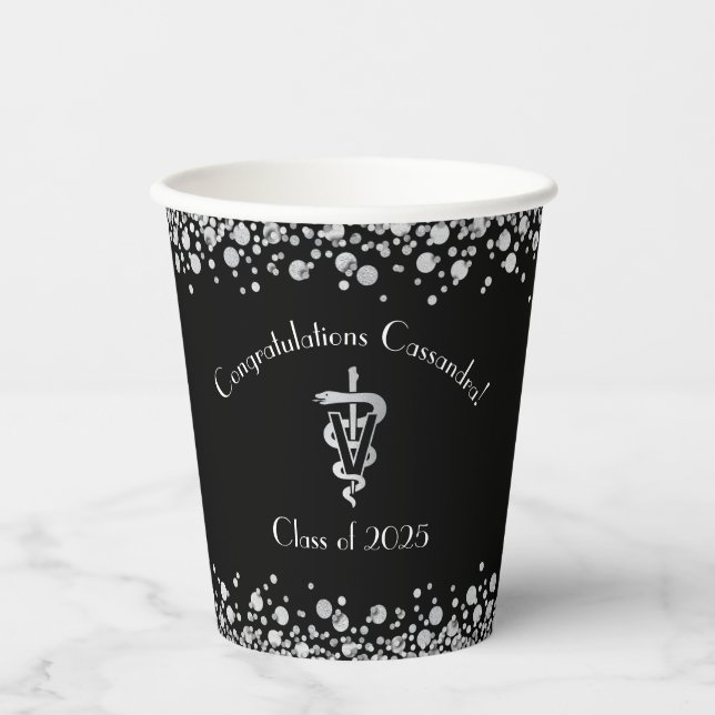 Veterinarian Graduation Black Silver Paper Cups (Front)