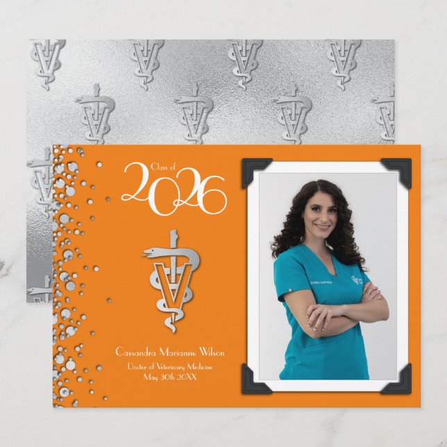 Veterinarian Graduation Orange Silver Announcement (Front/Back)