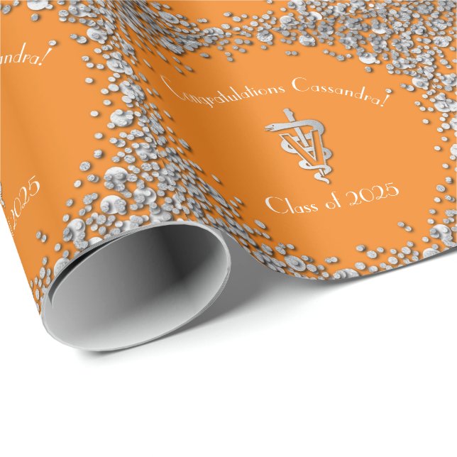Veterinarian Graduation Orange Silver Wrapping Paper (Roll Corner)