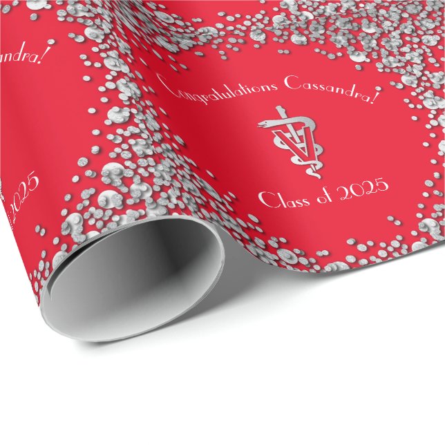 Veterinarian Graduation Red Silver Wrapping Paper (Roll Corner)