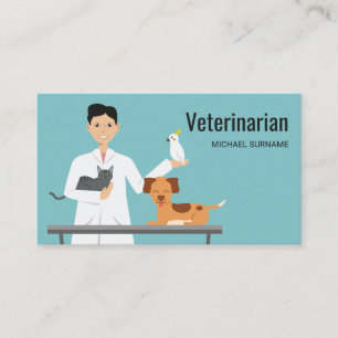 Veterinarian Man On Blue With Animals Illustration Business Card