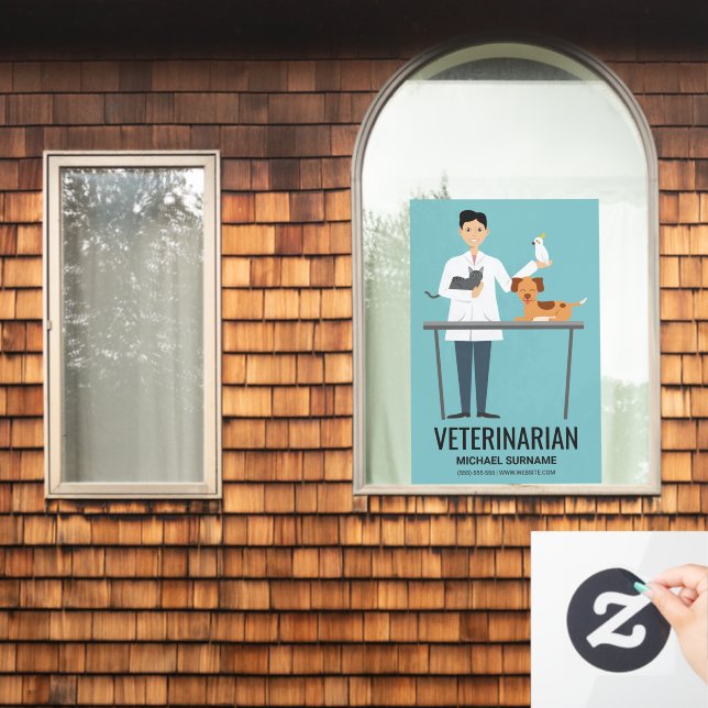 Veterinarian Man On Blue With Cute Animals & Text Window Cling (Home Window)