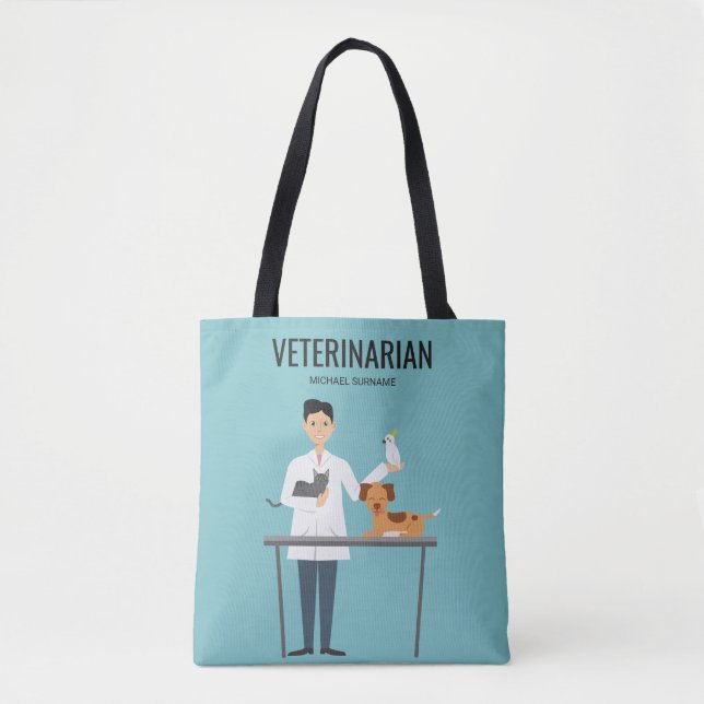Veterinarian Man With Animals & Custom Text Tote Bag (Front)