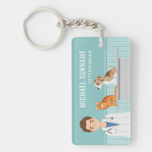 Veterinarian Man With Cat And Puppy Custom Name Keychain