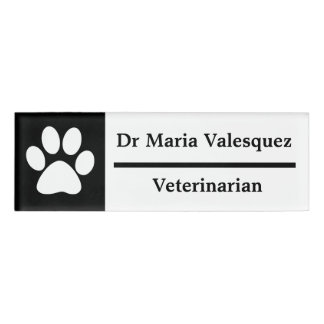 Veterinarian Name Tag Black  Paw print