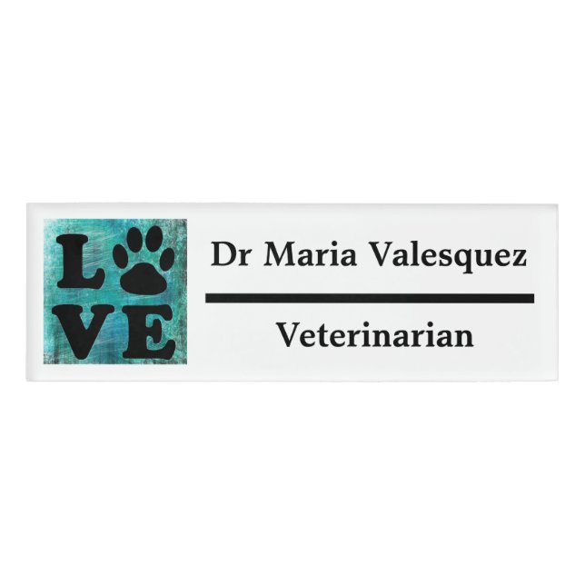Veterinarian Name Tag Teal Paw print (Front)