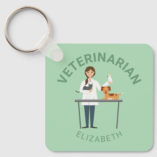 Veterinarian Woman With Animals & Your Own Name Keychain (Front)
