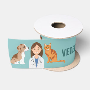 Veterinarian Woman With Puppy Dog And Cat Blue Satin Ribbon