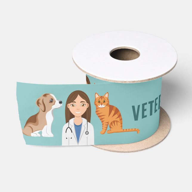 Veterinarian Woman With Puppy Dog And Cat Blue Satin Ribbon (Spool)
