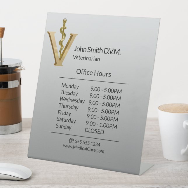 Veterinary Medicine Gold V Asclepius Opening Hours Pedestal Sign (In SItu)