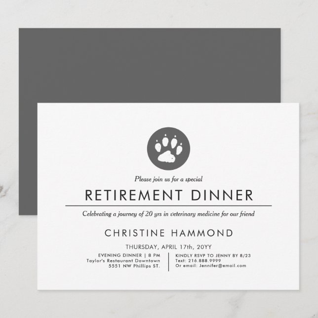 Veterinary Retirement Dinner | Minimal Style Invit Invitation (Front/Back)