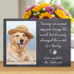 Veterinary Thank You Dog Pet Photo Veterinarian Plaque<br><div class="desc">Say 'Thank You' to your wonderful veterinarian with personalized pet photo plaque. "Saving one animal may not change the world, but it surely changed the world for 'your dogs name' ... forever grateful... !" Personalize with the pet's name & favorite photo. This veterinarian appreciation plaque will be a treasured gift....</div>