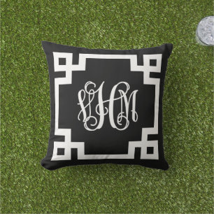 VHM Black and White Greek Key Script Monogram Outdoor Pillow