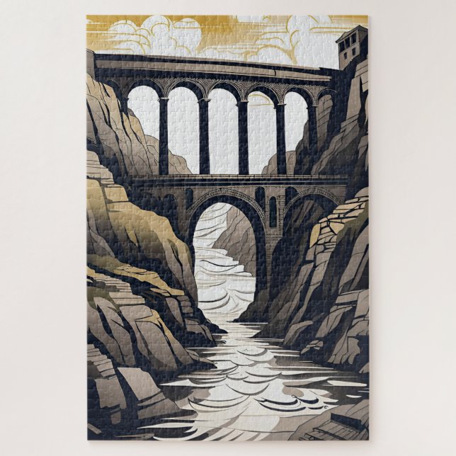 viaduct bridge waterline mountains landscape jigsaw puzzle (Vertical)