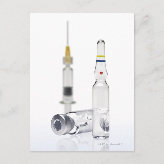 Vials containing medicine for injections and postcard (Front)