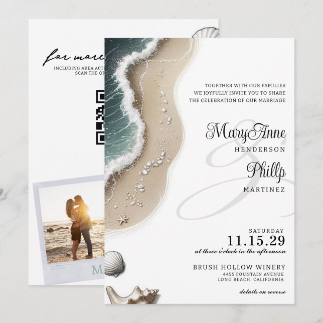 Vibe de plage avec Faire-part de mariage de code Q (Devant / Derrière)