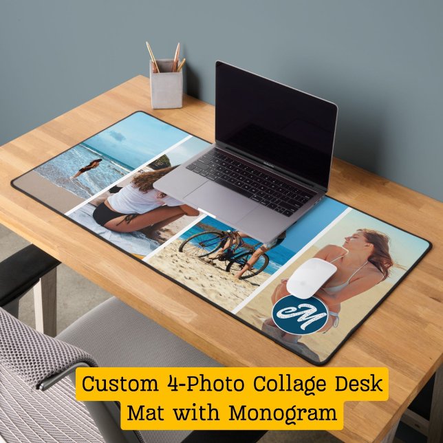 Vibe d'été : Collage photo personnalisé et monogra (Custom 4-Photo Collage Desk Mat with Monogram)