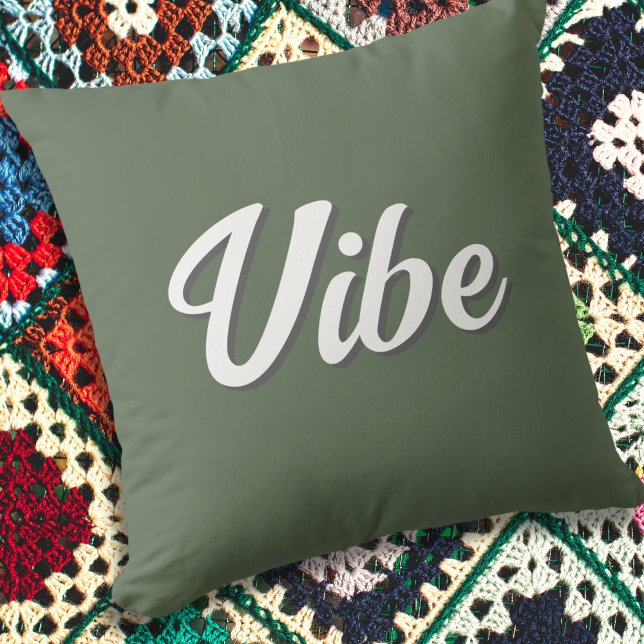 Vibe Groovy Retro Olive Green Throw Pillow (An olive green throw pillow with 'Vibe' in white script typography)