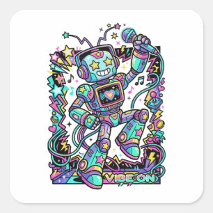 VIBE ON Neon Robot DJ – Colourful Music Mascot Str Square Sticker